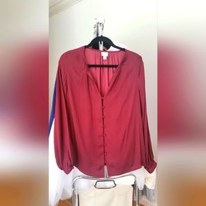 A New Day, Maroon, silky, long sleeve blouse. Large.